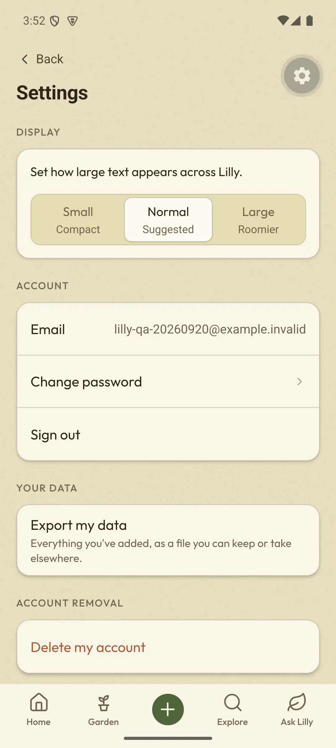 Real beta screen, from when the app was called Lilly. Settings. Your data: Export my data, Everything you’ve added, as a file you can keep or take elsewhere. Account removal: Delete my account.