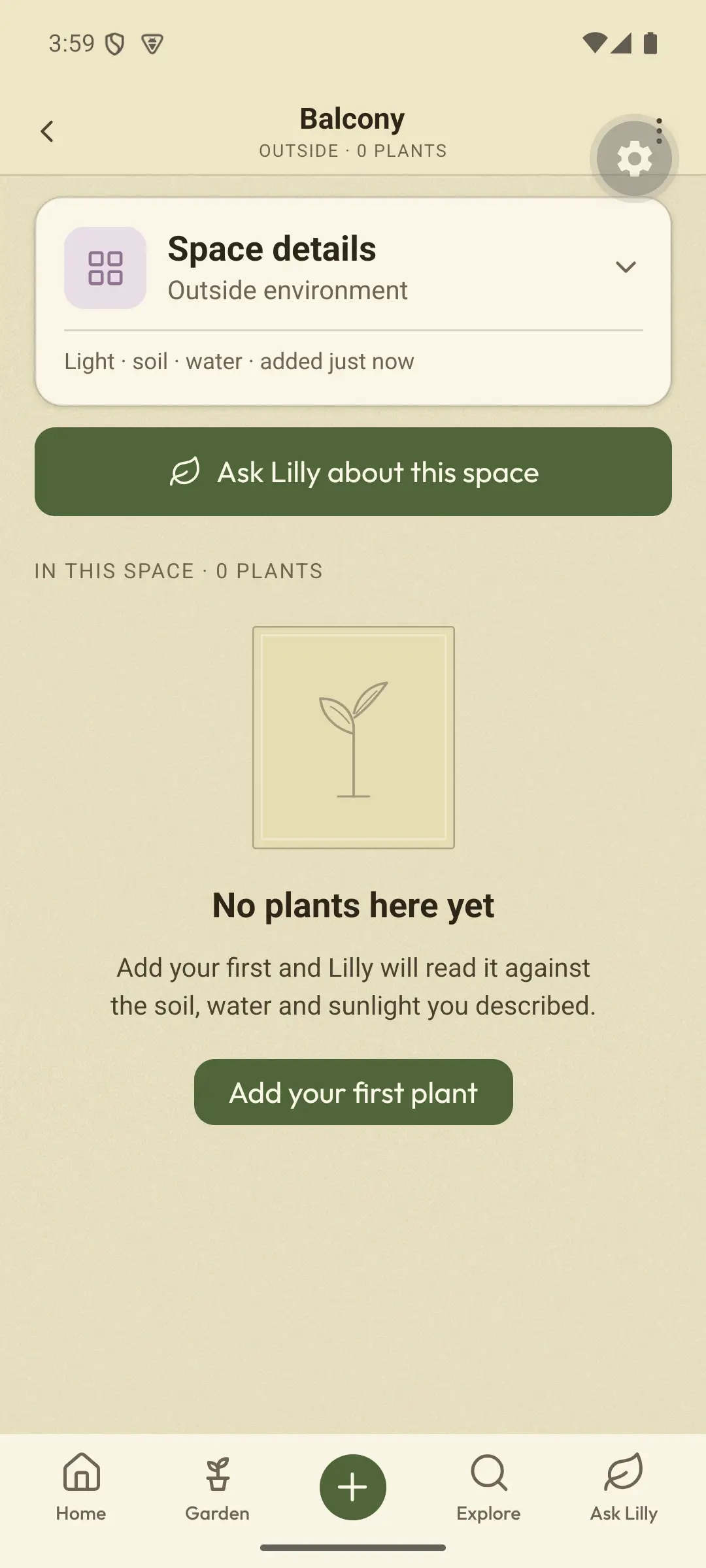 Real beta screen, from when the app was called Lilly. Space details for a balcony: Space details, Outside environment. Light, soil, water added just now. A button: Ask Lilly about this space.
