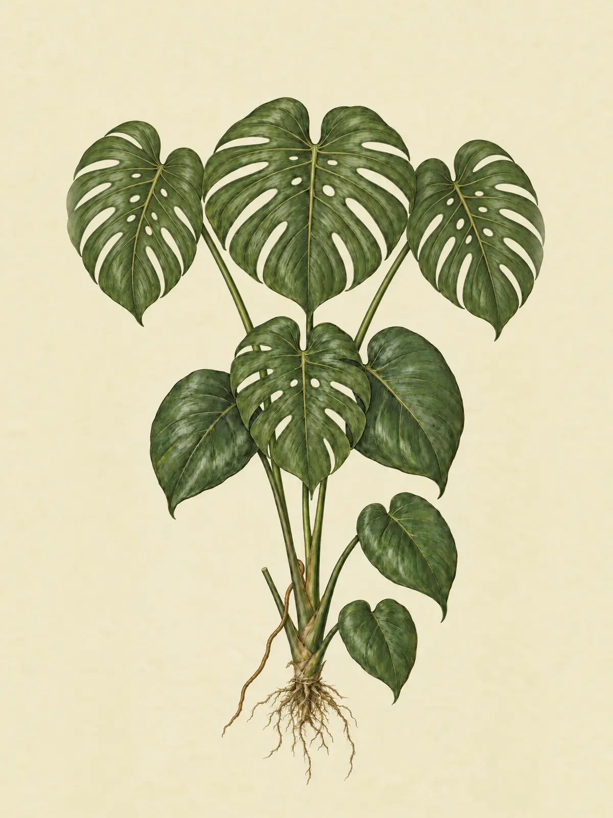 The example Monstera a year on: two new, deeply split leaves at the top and an aerial root low on the stem.