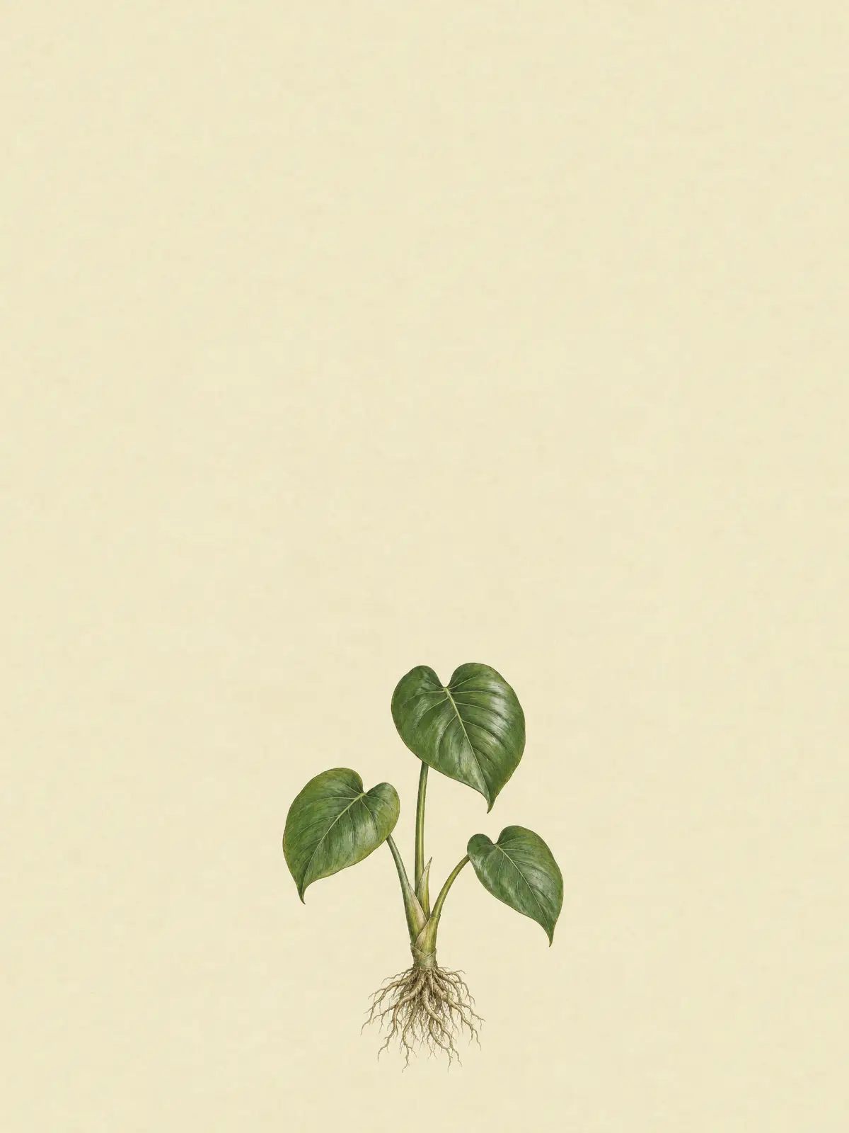 A watercolour-washed engraving of the example Monstera as a single specimen with its roots: a young plant with three leaves, just brought home.