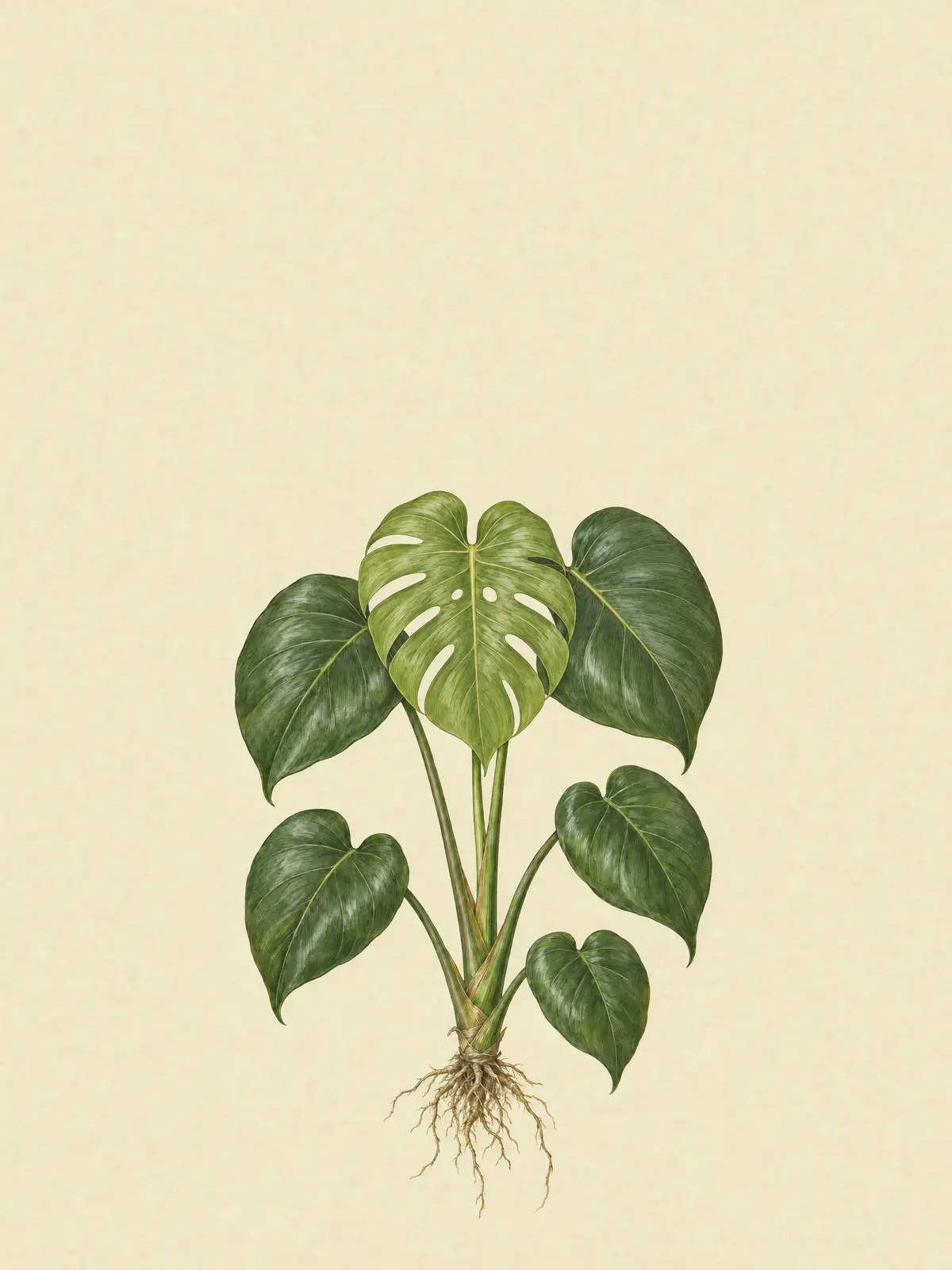 The example Monstera with a new lime-green leaf, split and holed, among the older whole leaves.